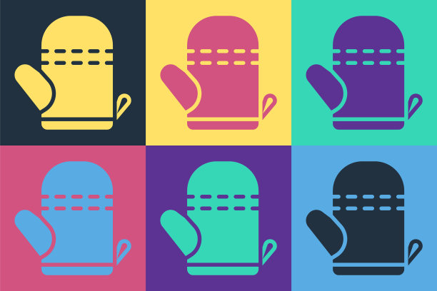 流行艺术烤箱手套图标孤立的颜色背景。厨房布垫子的迹象。烹饪手套。向量图片下载