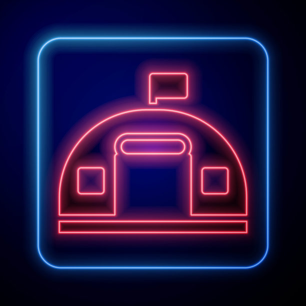 发光的霓虹灯军事营房站图标孤立在蓝色背景。军队空袭体系结构。向量图片下载