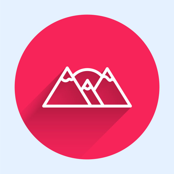 白线山图标孤立与长影子。象征胜利或成功的概念。红色圆圈按钮。向量图片下载
