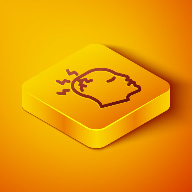 2.5D线条男人头痛、偏头痛图标，橙色背景，黄色方块按钮矢量图图片下载