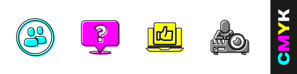 设置项目团队基地，问号，手喜欢和媒体投影仪图标。向量图片下载