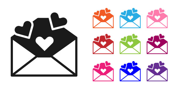黑色信封与情人节心形图标孤立在白色背景。消息的爱。信的爱情和浪漫。设置彩色图标。向量图片下载