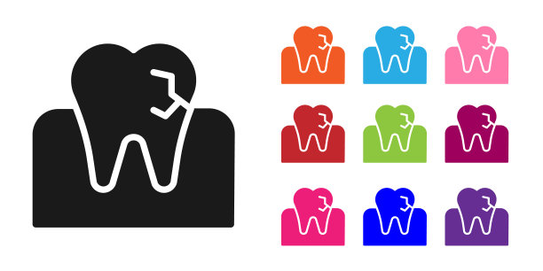 黑牙与龋齿图标孤立在白色背景。蛀牙。设置图标丰富多彩。向量图片下载