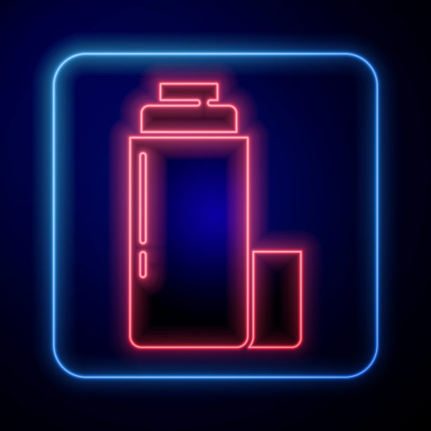 发光的霓虹灯热水瓶容器图标隔离在蓝色背景。热瓶图标。露营和徒步旅行的装备。向量图片下载