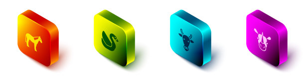 设置等距马，天鹅鸟，牛头和犀牛的图标。向量图片下载
