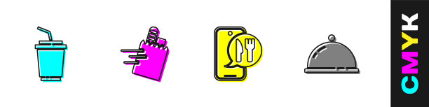 设置纸玻璃与水，在线订购和交付，并覆盖托盘的食物图标。向量图片下载