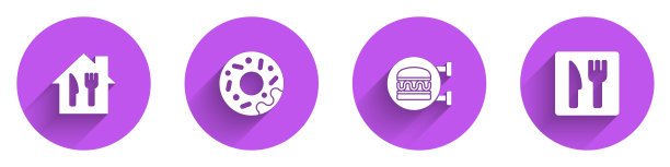 设置在线订购和送货，甜甜圈，汉堡和咖啡馆餐厅位置图标与长影子。向量图片下载