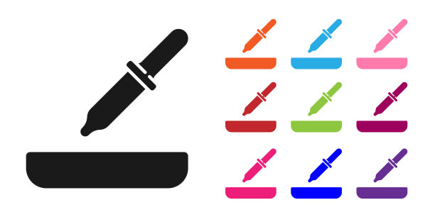 黑色移液管图标孤立在白色背景。医疗，化妆品，化学实验室设备的元素。设置图标丰富多彩。向量图片下载