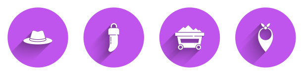 设置西部牛仔帽，牙齿，煤矿手推车和牛仔头巾与长影子图标。向量图片下载