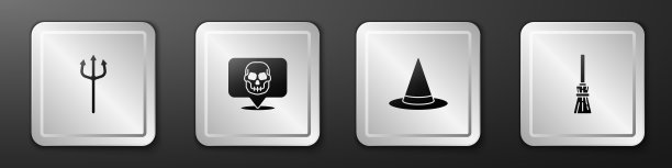 设置海王星三叉戟，头骨，女巫帽子和女巫扫帚图标。银色方形按钮。向量图片下载