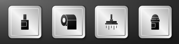 设置瓶装清洁剂，卫生纸，淋浴喷头和止汗除臭剂图标。银广场按钮。向量图片下载