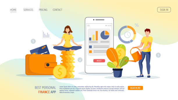 电话配图，女人在堆硬币，男人在浇钱树。利润，赚钱，金融应用，商业，投资概念。图片下载