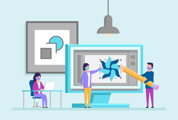 创意，平面设计服务概念。男性和女性角色在设计工作室使用电脑软件或手工创造视觉概念。卡通平面风格矢量插图图片下载