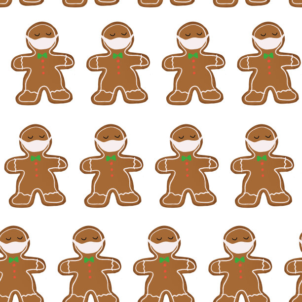 圣诞冠状病毒无缝模式。姜饼人戴着面具重复节日背景。有趣的流行假日2020插图。图片下载