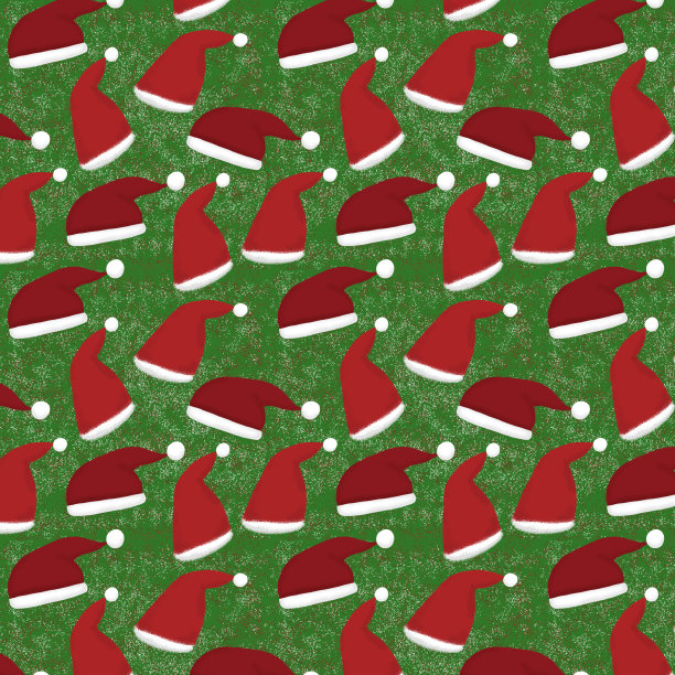 无缝图案与圣诞老人帽子在一个绿色的背景图片下载