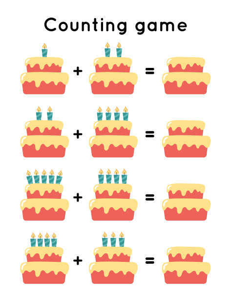 学前儿童的教育计数游戏。可爱的卡通蜡烛生日蛋糕。打印活动工作表。图片下载