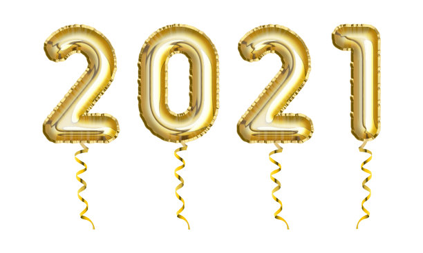 金色数字2021由充气气球制成，白色背景上有金色丝带图片下载