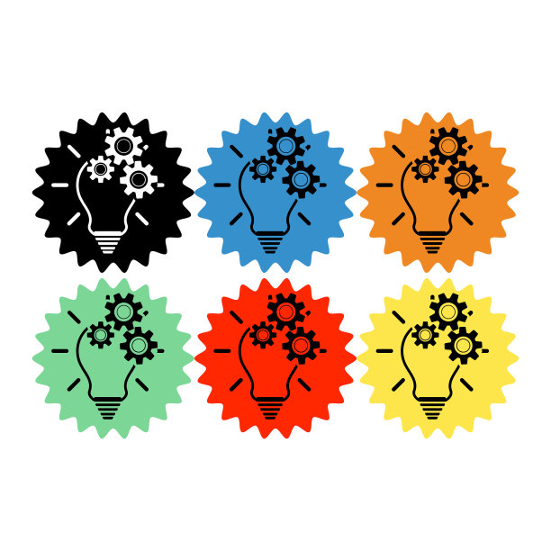 灯泡图标。带有齿轮符号的灯泡。6个彩色图标图片下载