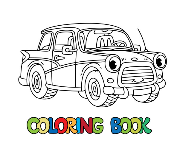 带眼睛的有趣的小型复古车。彩色书图片下载