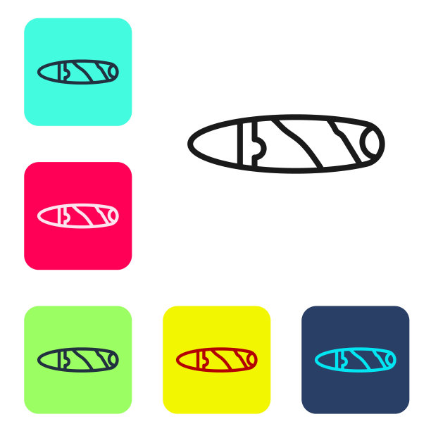 黑线雪茄图标孤立在白色背景。设置图标为彩色方框按钮。向量图片下载