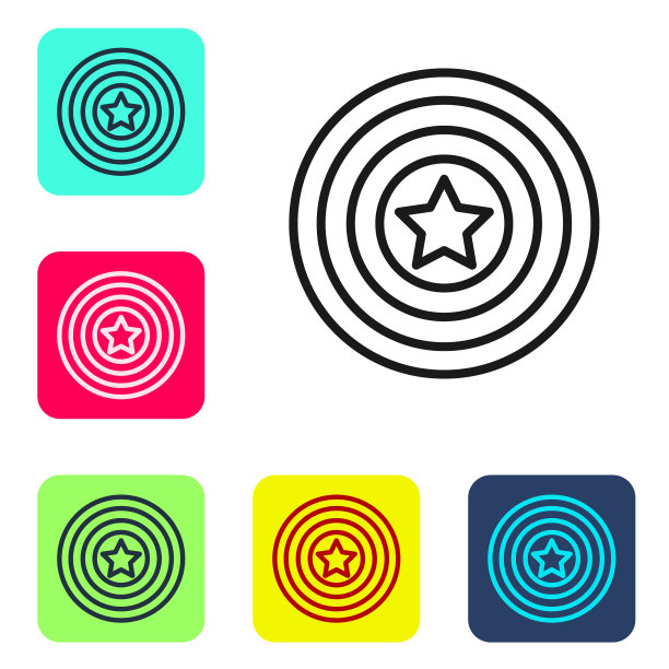 黑线美国星盾图标孤立在白色背景。美利坚合众国国旗。7月4日。美国独立日。设置图标的颜色方形按钮。向量图片下载