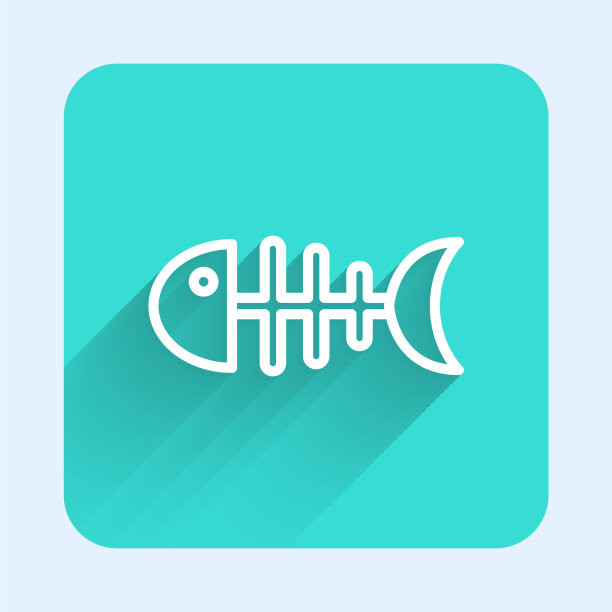 白线鱼骨架图标孤立长阴影。鱼骨星座。绿色方形按钮。向量图片下载