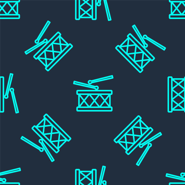 绿线乐器鼓和鼓棒图标隔离无缝模式在蓝色背景。向量图片下载