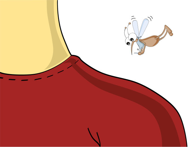 可爱饥饿的蚊子飞着刀叉准备咬人，紧挨着他的脖子和肩膀。卡通风格幽默搞笑矢量插画。图片下载