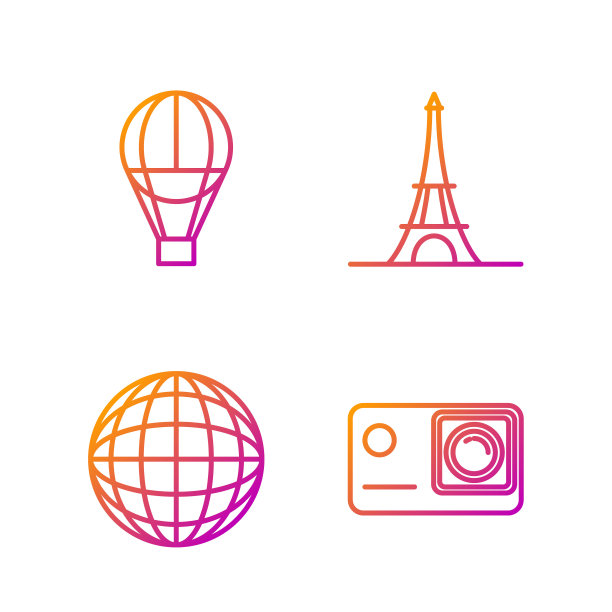 定线动作极限相机，地球仪，热气球和埃菲尔铁塔。渐变颜色图标。向量图片下载