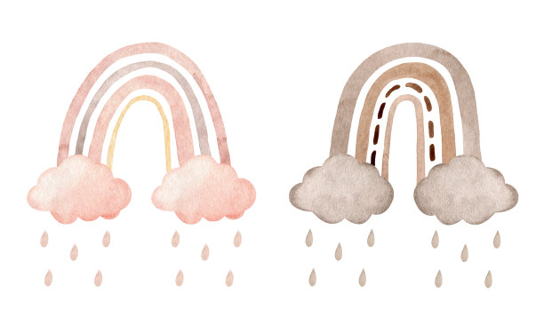 一套可爱的水彩彩虹与云彩和雨在柔和的颜色图片下载