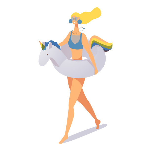 快乐可爱的女孩在充气独角兽游泳环图片下载