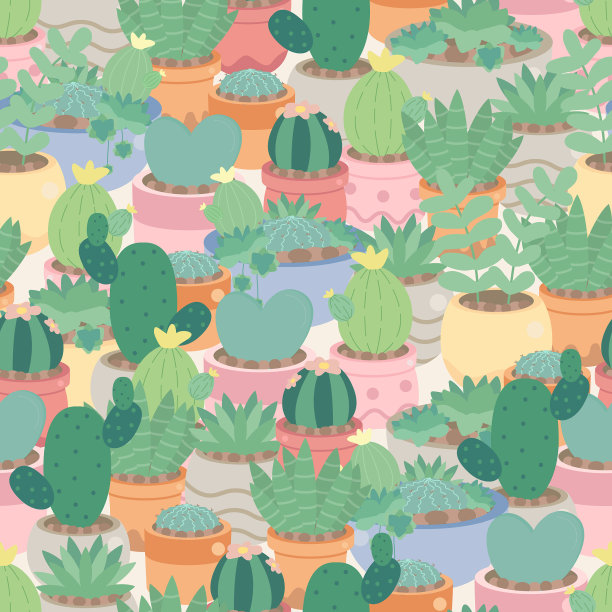 仙人掌和肉质在花盆无缝模式图片下载