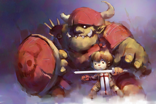 数字艺术绘画的男孩在骑士服装站在兽人，讲故事的插图图片下载