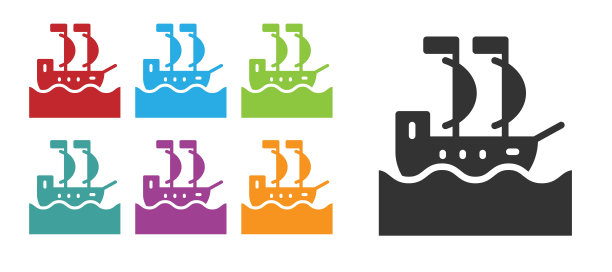 黑色帆船或帆船图标孤立在白色背景。航行，乘船，海上巡游。设置彩色图标。向量图片下载