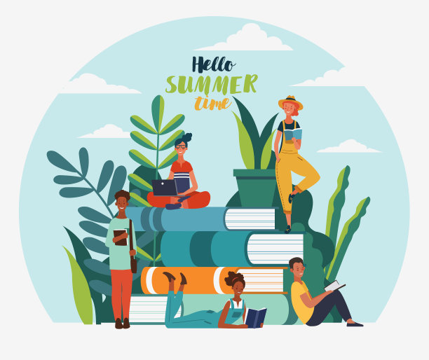 年轻人在公园里看书。夏天的风景背景。假期时间。回到学校，学习，学习，知识和教育矢量的概念图片下载