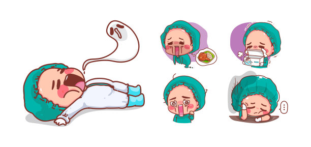 可爱的护士疲倦和疲惫孤立的白色背景与人物设计。图片下载