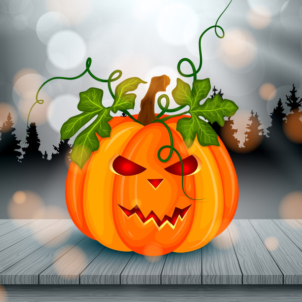 万圣节快乐的背景与南瓜木桌子和森林。矢量图图片下载