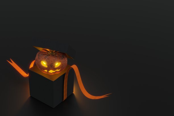 3d渲染，万圣节南瓜在神秘的黑盒子，概念打开礼盒和南瓜鬼或南瓜灯图片下载