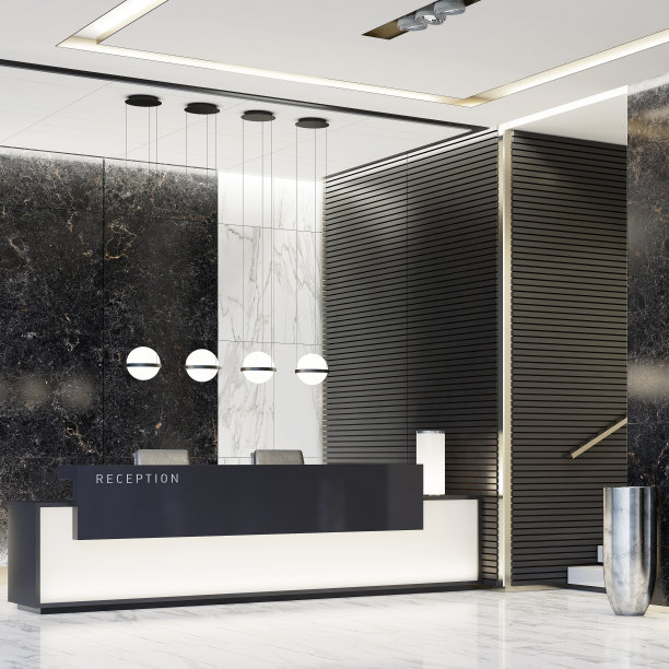 现代办公室大堂内部，配有电梯、楼梯和长接待台图片下载