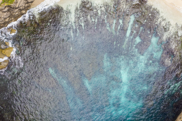 破碎海滩鸟瞰图，它是努沙佩尼达西南边缘的一个风景优美的海岸形成。该地点的标志是一个多山的岩石拱门，这是该地区的星星标志。也被当地人称为Pasih Uug。图片下载