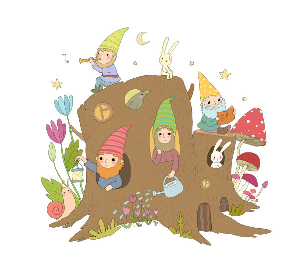 可爱的卡通地精在树桩房子魔法森林图片下载