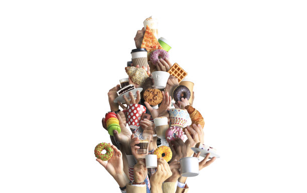 人们拿着装着咖啡和甜点的杯子和纸杯。关于咖啡馆和咖啡主题的概念。图片下载