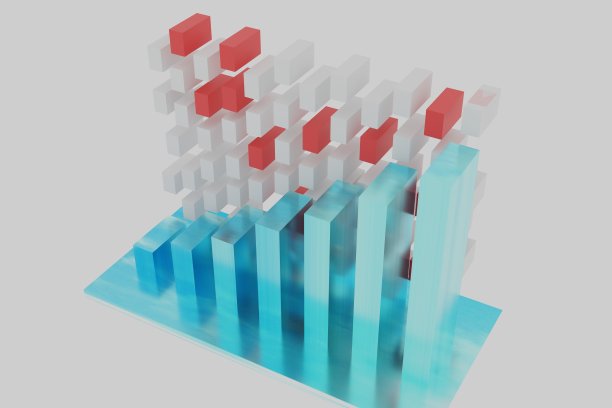 增长业务图表蓝色。红色和白色方块的抽象背景。金融市场和符号。银行和保险概念。大流行后的经济危机和发展。图片下载