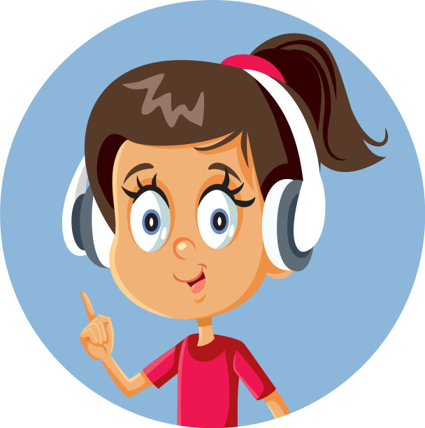 欢快的卡通女孩戴着耳机指着图片下载