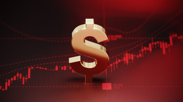 美元符号坐在红色金融图形背景-股票市场和金融概念图片下载