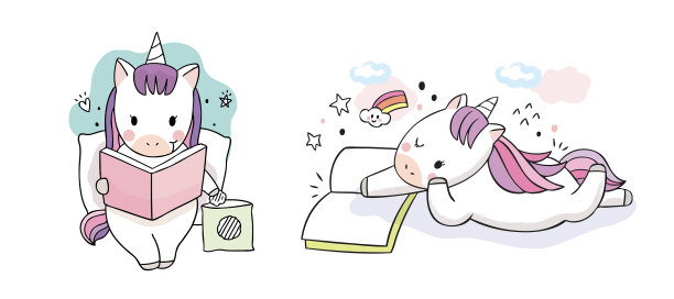 卡通可爱可爱的独角兽阅读书籍图片下载