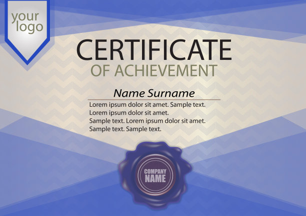 蓝色证书或文凭模板与蜡封，竞赛获胜者矢量素材图片下载