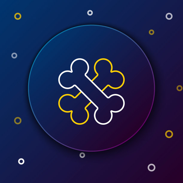 白色和黄色线交叉的骨头图标孤立在深蓝色的背景。宠物食品的象征。色彩斑斓的轮廓的概念。矢量图图片下载