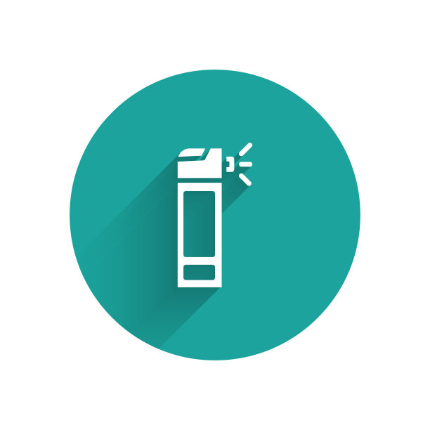 白色医用瓶带喷嘴喷雾，用于治疗鼻部疾病的图标隔离，带有长长的阴影。绿色圆圈按钮。矢量图图片下载