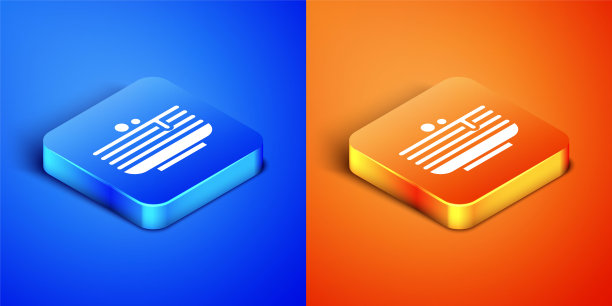 等距堆栈的煎饼图标孤立在蓝色和橙色的背景。用糖浆和樱桃烘焙。早餐的概念。方形按钮。向量图片下载